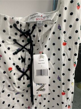 HVN White Fruit Polka Dot Lace-Up Dress